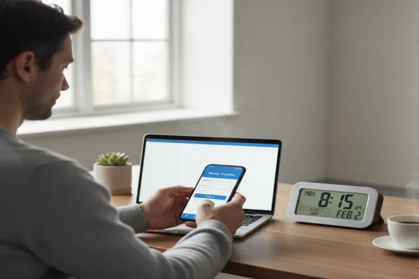 A man using Money Transfer app beside laptop and clock