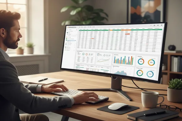 Analyst studying Money Transfer performance graphs on wide monitor.