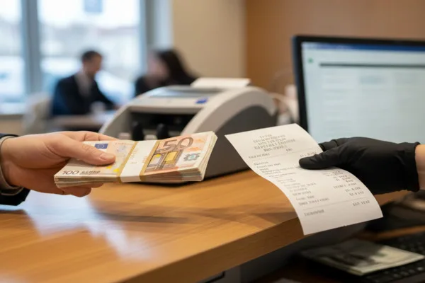 Momento de pago en cambio de divisas con cajero entregando efectivo
