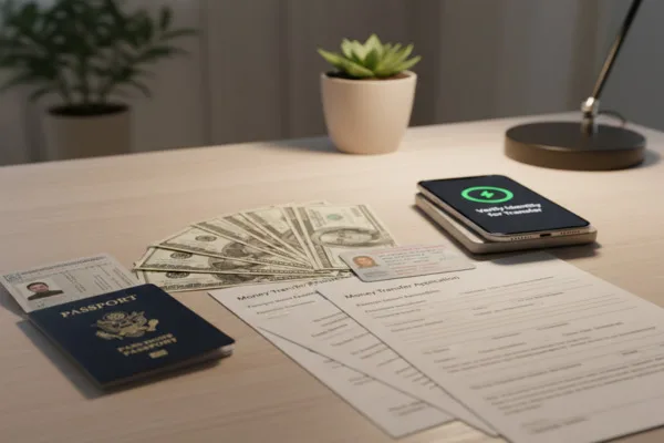 Escritorio con formularios de transferencia de dinero, efectivo, pasaporte y teléfono inteligente.