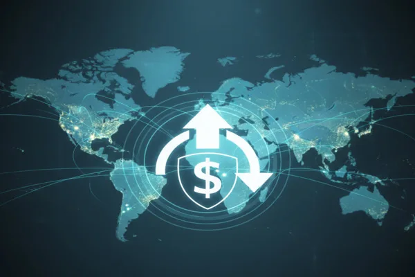 Global Money Transfer graphic showing arrows over world map.