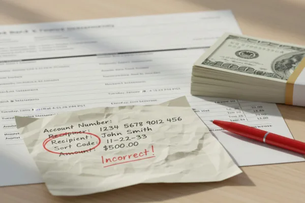 Incorrect Money Transfer details circled on paper with documents.
