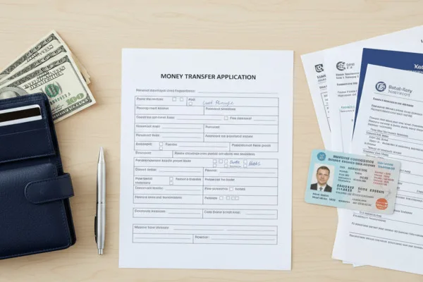 Money Transfer application form with documents, ID cards and cash.