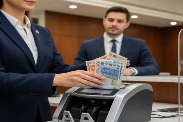 Staff counting foreign banknotes during Currency Exchange process