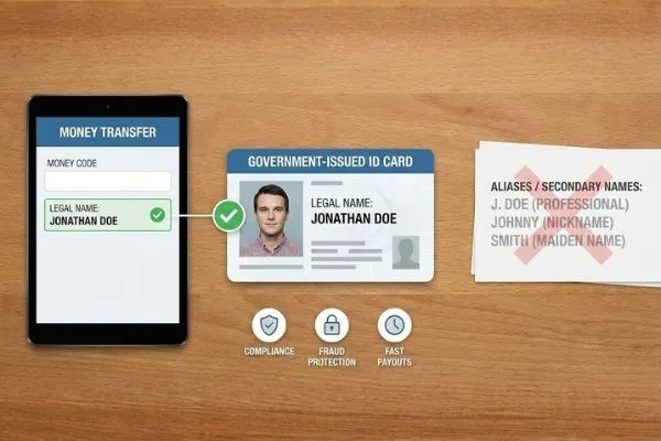 Nombre legal de transferencia de dinero coincidente con identificación
