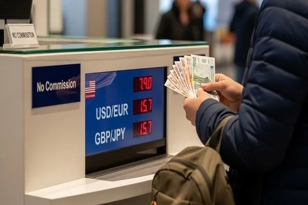 Customer exchanging money at currency rate counter
