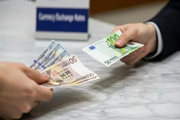 Customers exchanging multiple currencies at service counter
