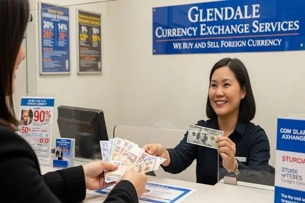 Glendale customer exchanging foreign currency at service counter
