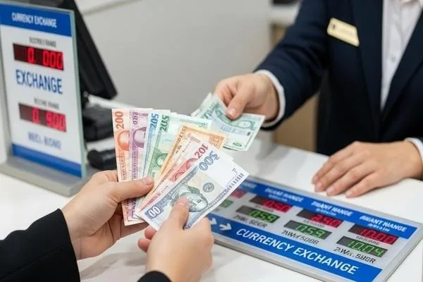 Customer exchanging multiple currencies at service counter
