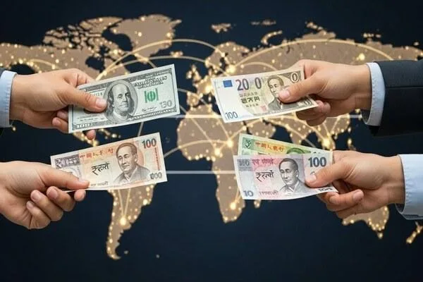 Hands exchanging global currencies across connected world map