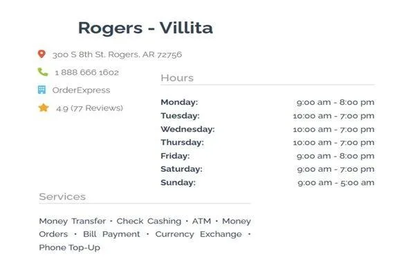 Order Express Rogers Villita currency exchange location details
