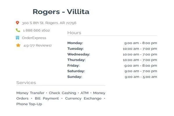Detalles de la ubicación de cambio de divisas de Order Express Rogers Villita
