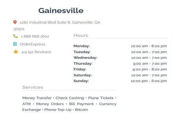 Detalles de la ubicación de Order Express en Gainesville para cambio de divisas