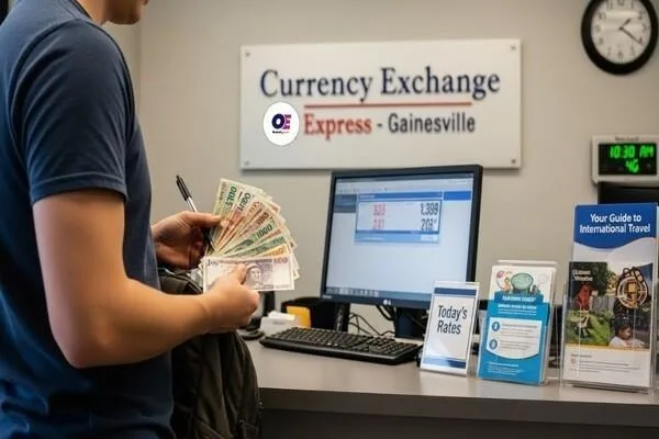 Cliente preparando documentos para cambio de divisas en Gainesville