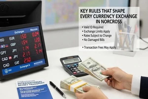 Staff counting money beside Norcross exchange rules display