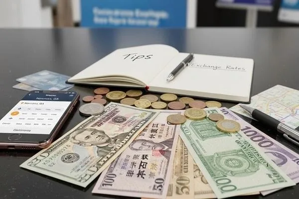Currency exchange tips with notes and bills displayed