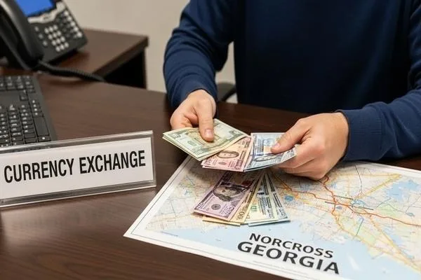 Personal manejando billetes extranjeros durante el cambio de moneda de Norcross 
