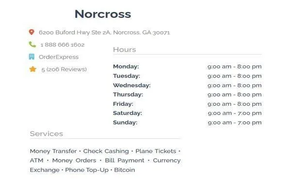 Horarios y servicios de Order Express Norcross para clientes 

