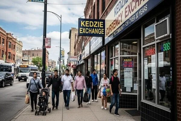 Tráfico peatonal de la comunidad cerca de la casa de cambio de divisas en Chicago Kedzie Ave