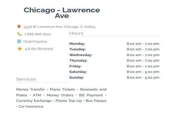 Detalles y servicios de la ubicación de Order Express Chicago Lawrence
