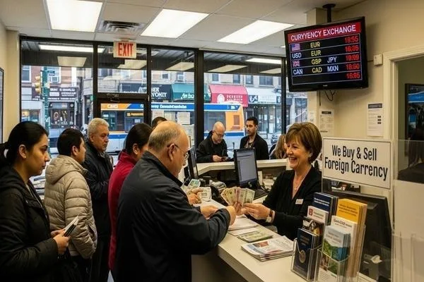 Clientes que reciben un servicio guiado en el cambio de divisas de Chicago Lawrence 
