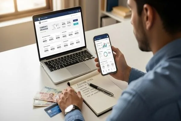 Consumer reviewing currency exchange rates for informed decisions
