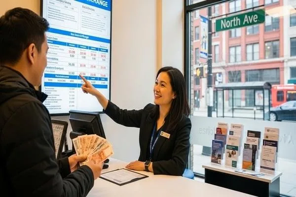 Staff guiding customers at Chicago North Ave currency exchange
