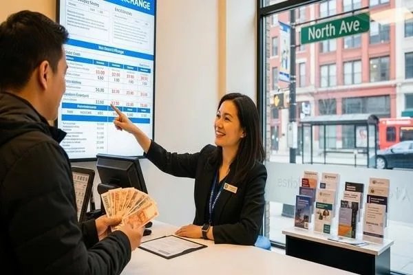 Personal que guía a los clientes en el cambio de divisas en Chicago North Ave