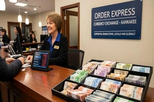 Personal de Order Express en Kankakee que respalda las transacciones de cambio de divisas 
