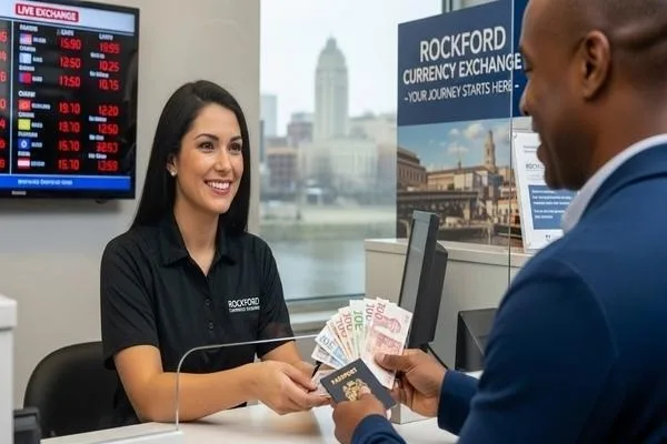 Personal de casa de cambio de divisas de Rockford ayudando a los clientes paso a paso 
