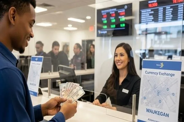 Customer gaining financial confidence at Waukegan currency exchange
