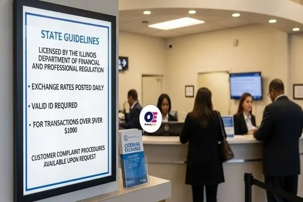 State guidelines displayed inside Cicero Cermak Rd currency exchange