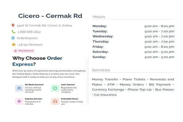 Detalles y servicios de la ubicación de Order Express en Cicero Cermak Rd