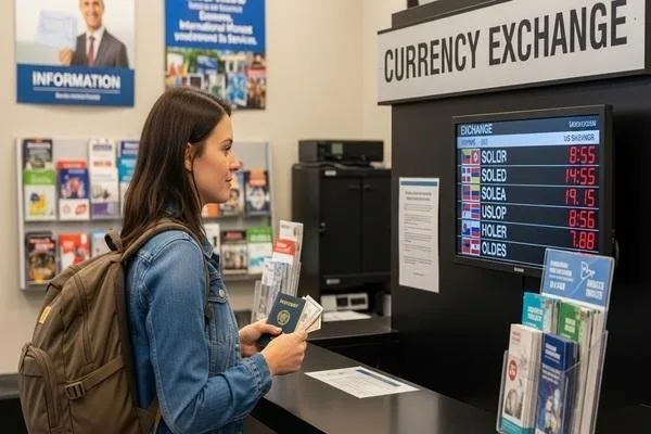 Traveler navigating Milwaukee currency exchange process confidently