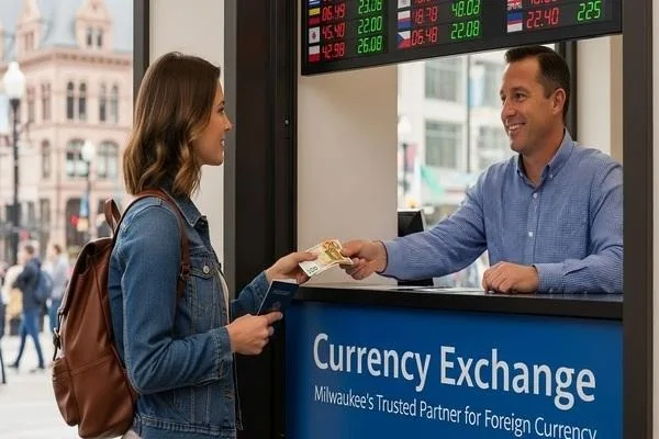 Traveler receiving local guidance for Milwaukee currency exchange