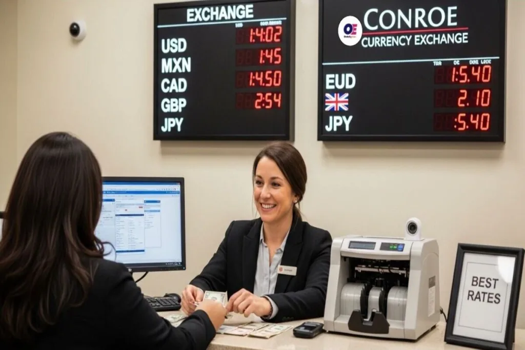 Tipos de cambio de divisas precisos que se muestran en Conroe, Texas