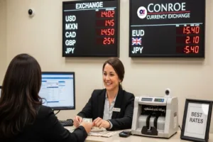 Tipos de cambio de divisas precisos que se muestran en Conroe, Texas