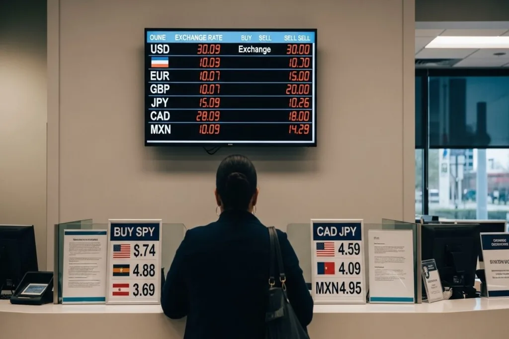 Panel de tipos de cambio de divisas en la oficina de Irving