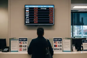 Panel de tipos de cambio de divisas en la oficina de Irving