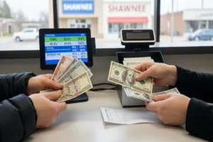 Tarifas de servicio de cambio de divisas que se muestran durante la transacción en Shawnee