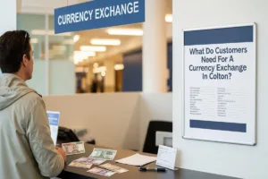 Cliente presenta identificación para cambio de divisas en Colton