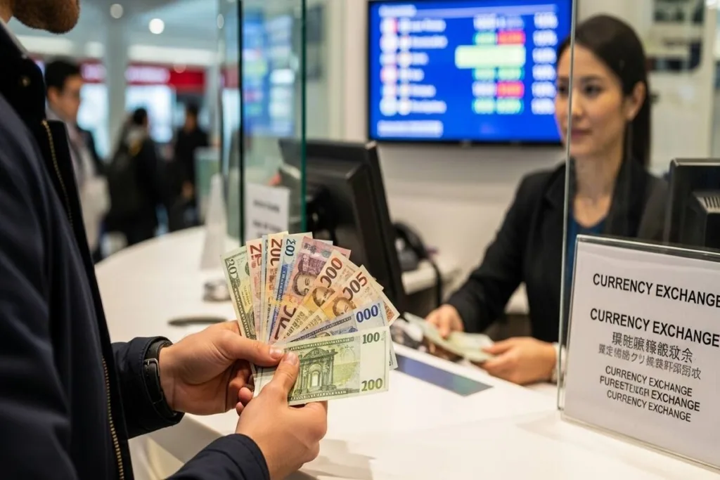 Cliente presentando billetes extranjeros en el mostrador de cambio de divisas