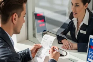 Cliente revisando los detalles del recibo de cambio de divisas en el mostrador