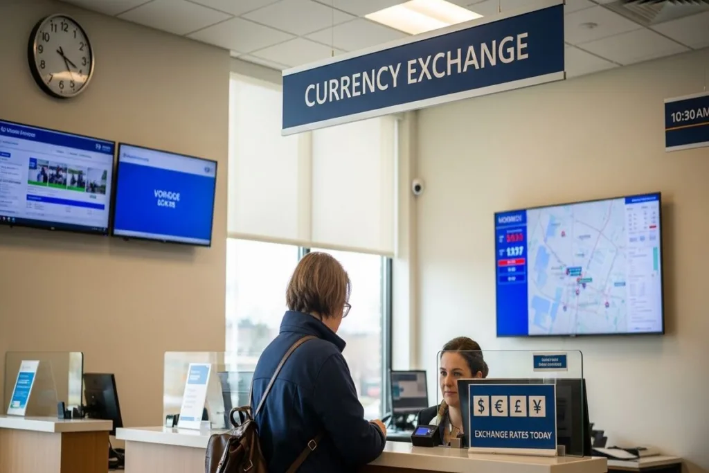 Cliente verificando la disponibilidad de cambio de divisas en Monroe