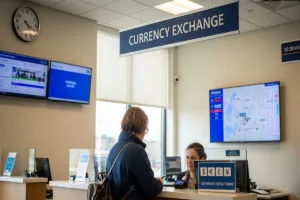 Cliente verificando la disponibilidad de cambio de divisas en Monroe