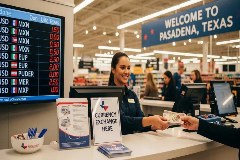 Mostrador de cambio de divisas en tienda en Pasadena, Texas