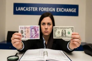 Cliente de Lancaster verificando la autenticidad del cambio de moneda extranjera