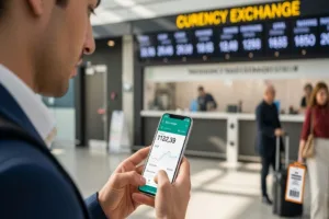 Hombre verificando actualizaciones del tipo de cambio de moneda antes de la transacción