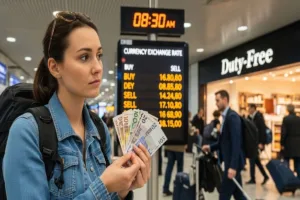 Viajero que sostiene moneda antes de cambiarla en el aeropuerto