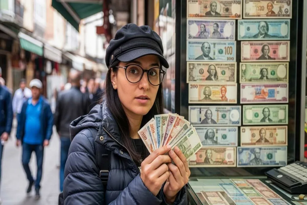 Mujer cambiando moneda extranjera para gastos diarios